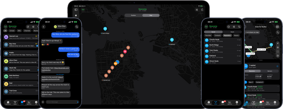 Cairn on iPad and iPhones: chats, a conversation, the mesh map, repeaters and a node scan