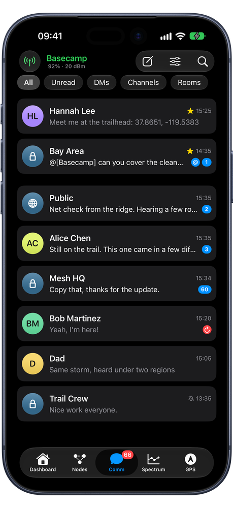 Cairn Comm tab: DMs, channels and rooms in one inbox with filters