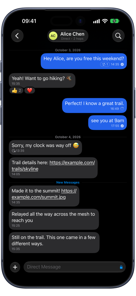 Cairn conversation with delivery status, reactions and link details