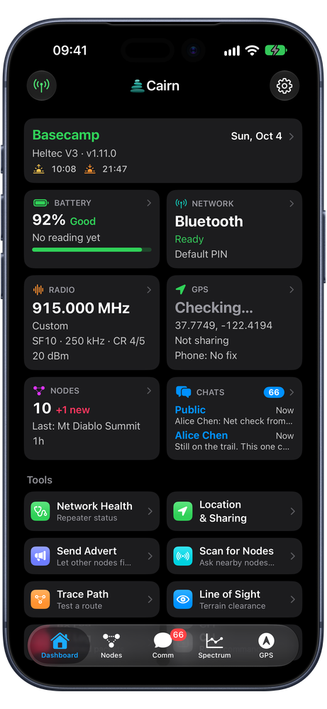 Cairn's Dashboard on iPhone: radio battery, network, frequency, GPS, nodes and chats at a glance, with a row of mesh tools