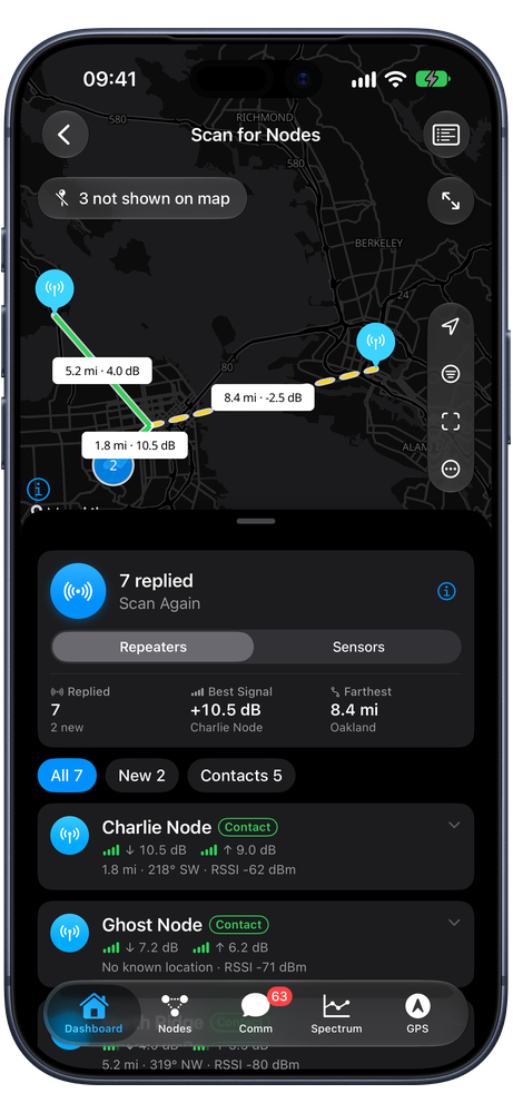 Cairn Scan for Nodes: repeaters that replied, with signal and distance on a map