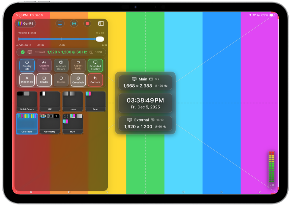 GenR8 on iPad with pattern library and full-screen color bars