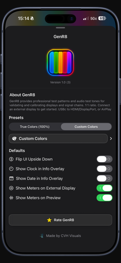 GenR8 About screen with presets and display options