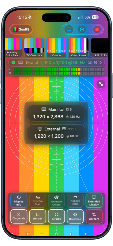 GenR8 on iPhone outputting full-screen color bars with main and external display info