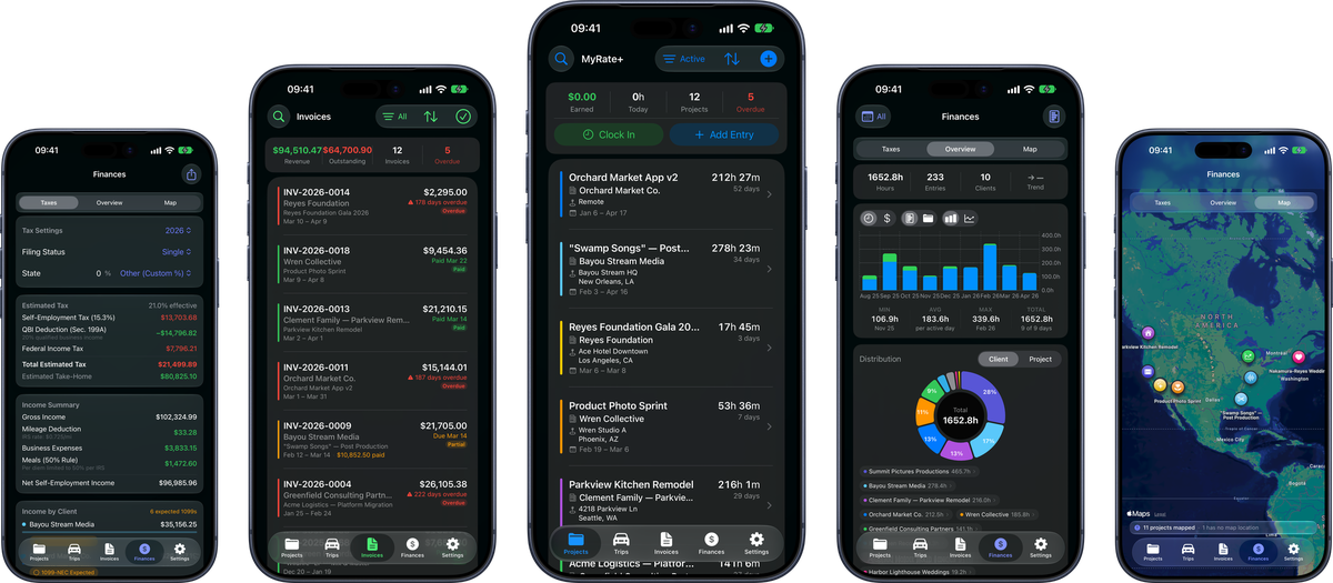 MyRate+ on five iPhones: taxes, invoices, projects, finances overview and the project map