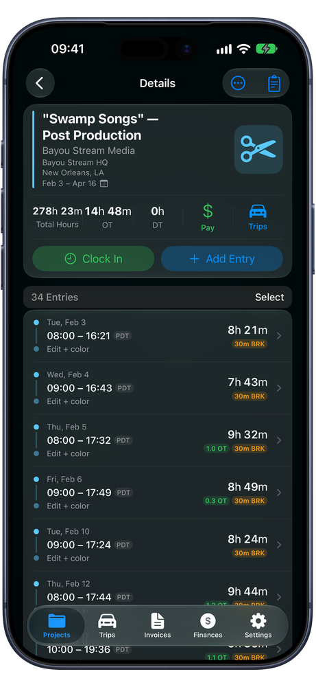 MyRate+ project detail with time entries, overtime and breaks