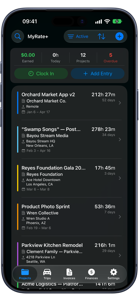 MyRate+ Projects tab on iPhone: earnings, hours and overdue invoices above a list of projects with Clock In and Add Entry