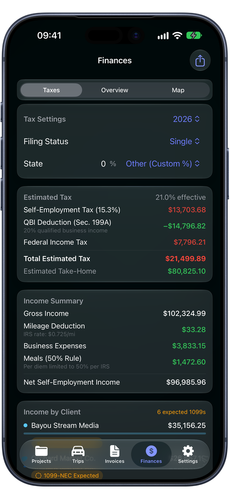 MyRate+ tax estimate with self-employment tax and income summary