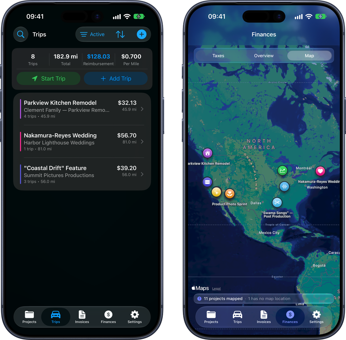 MyRate+ Trips list with miles and reimbursement, beside the Finances map pinning every project