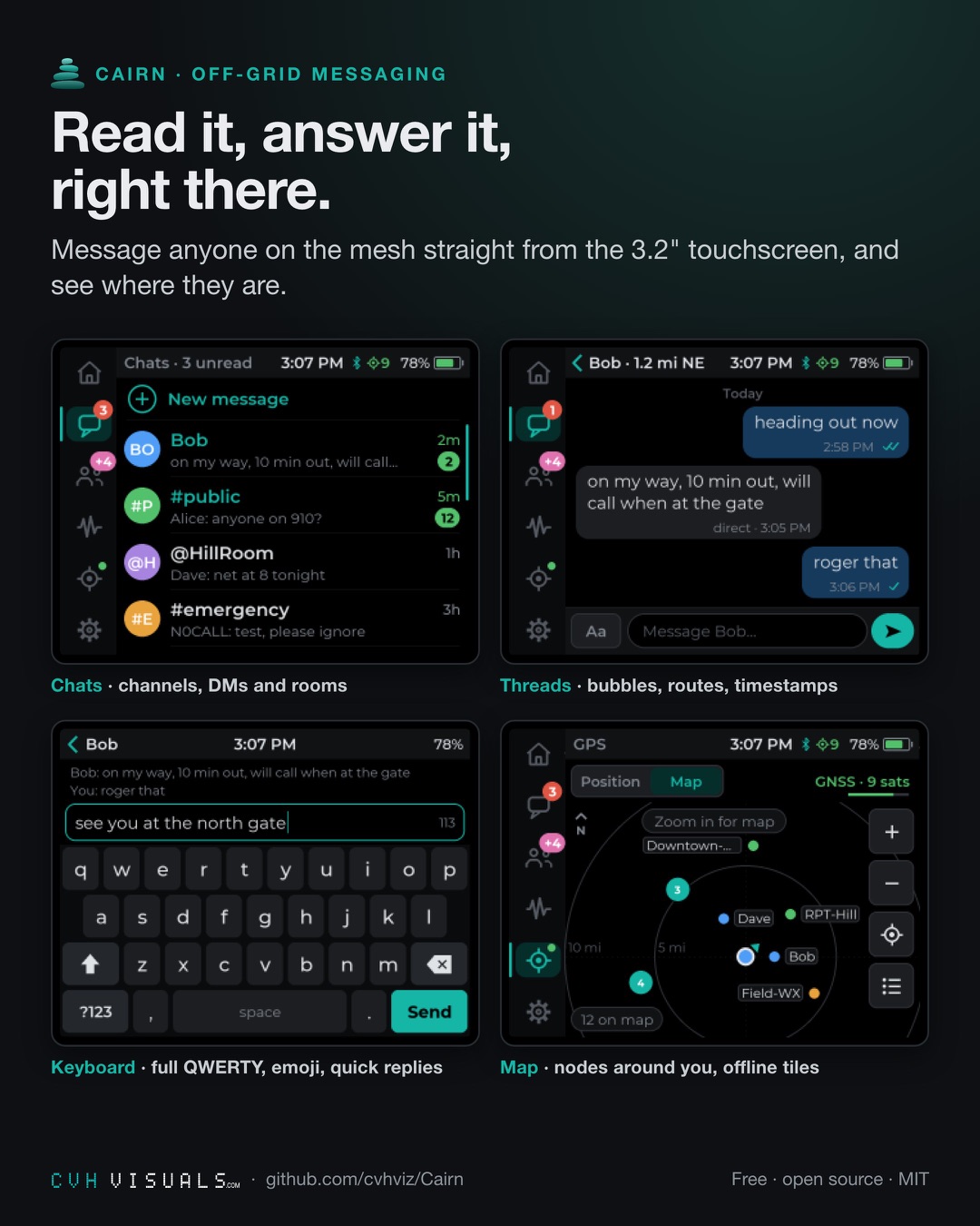 Cairn messaging with chat bubbles and emoji keyboard