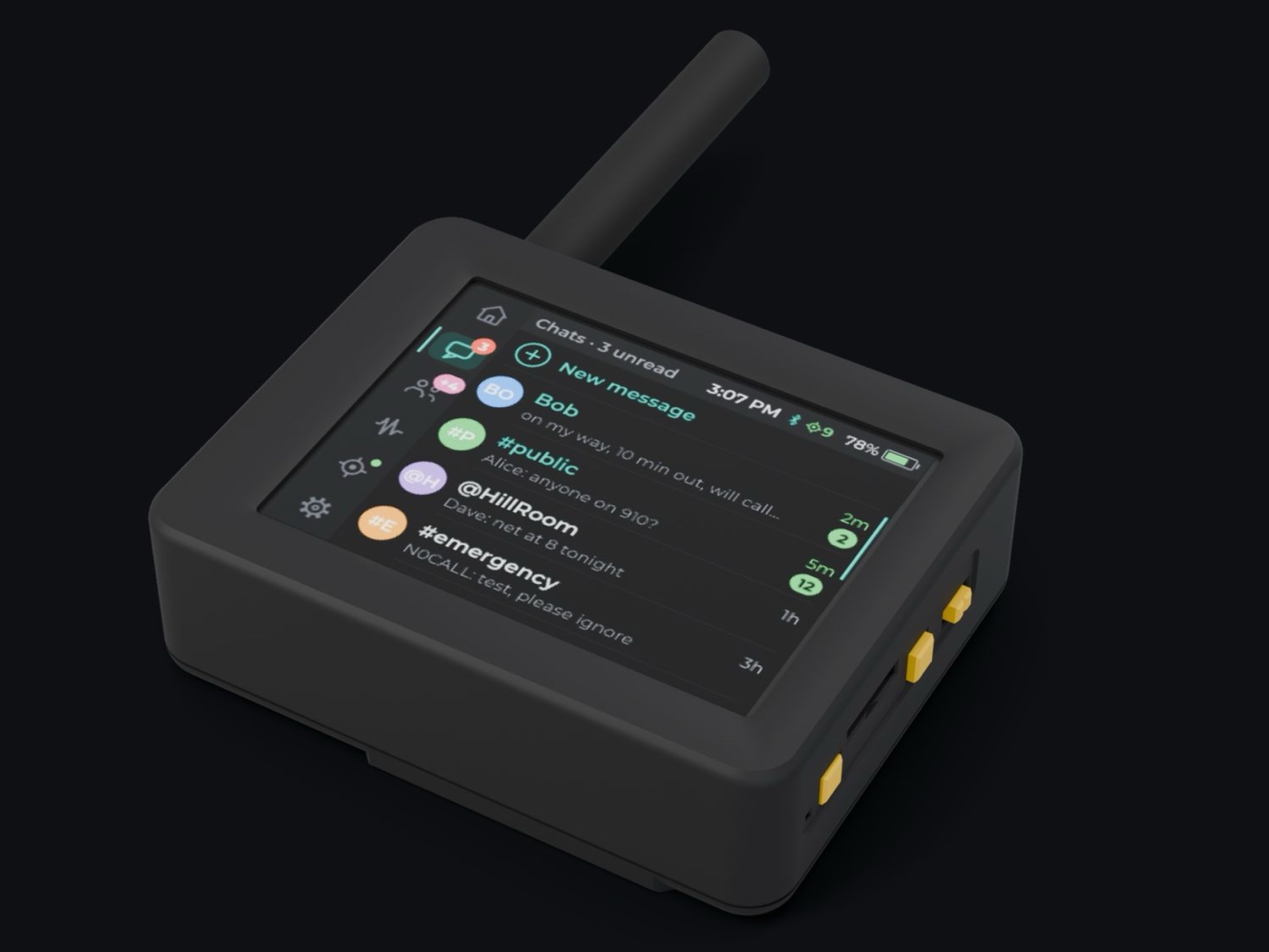 Cairn firmware running on a Seeed Wio Tracker L2 Pro in its 3D-printed case, showing the chats screen