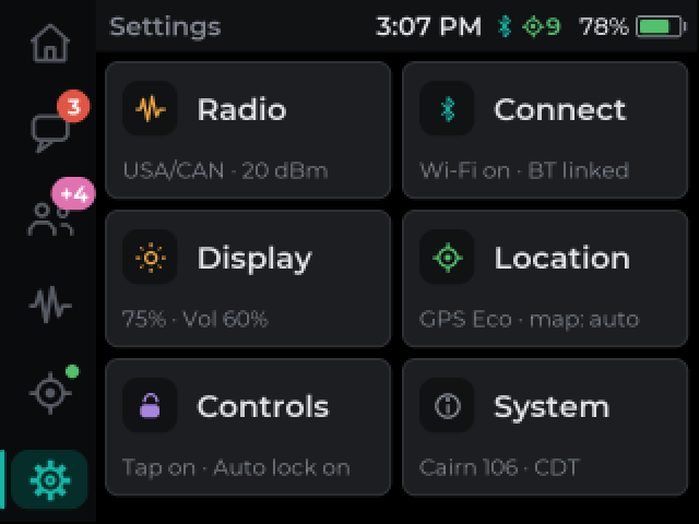 Cairn Settings screen