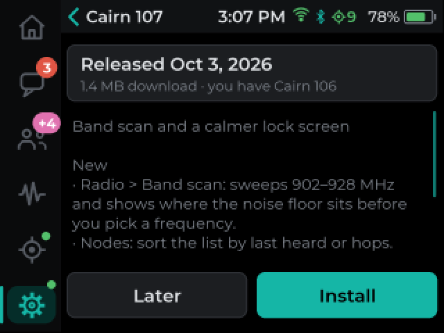 Cairn Firmware update screen