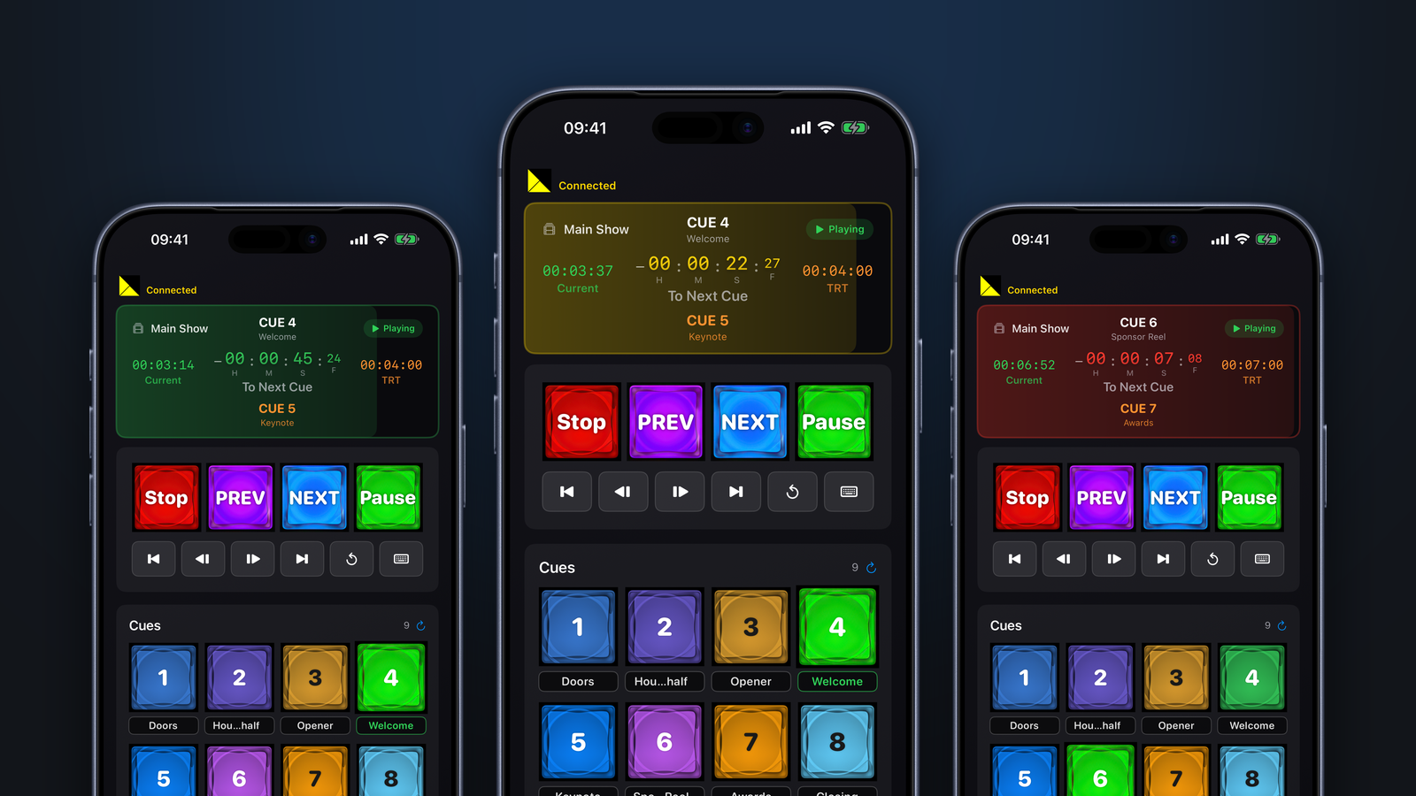 Pixera Assistant on three iPhones counting down to the next cue of a Pixera timeline: green at 45 seconds, yellow at 22 and red at 7, each above Stop, PREV, NEXT and Pause, frame-step buttons and a grid of cues tinted with their Pixera colors