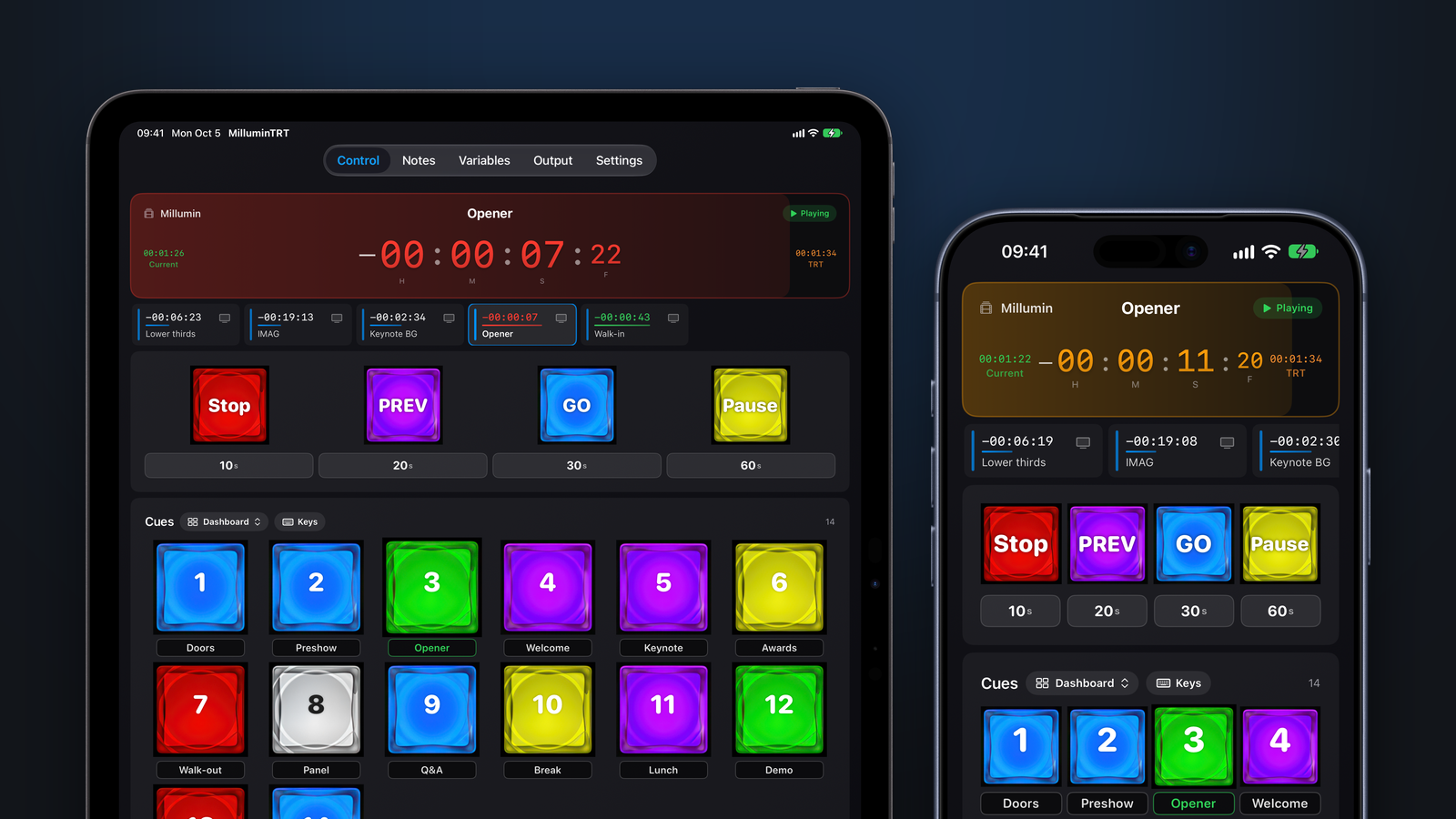 TRT on an iPad and an iPhone following a Millumin layer called Opener: red on the iPad at 7 seconds left with all five layer timers, orange on the iPhone at 11, above Stop, PREV, GO and Pause, 10 to 60 second jump buttons and a grid of colored cue buttons