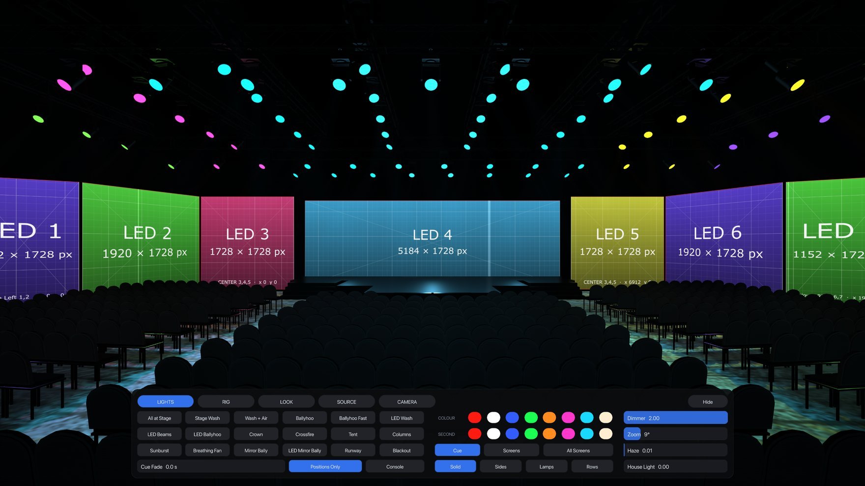 PreViz from the audience with the control bar open on the Lights page: cue library, color swatches, dimmer, zoom, haze and house light