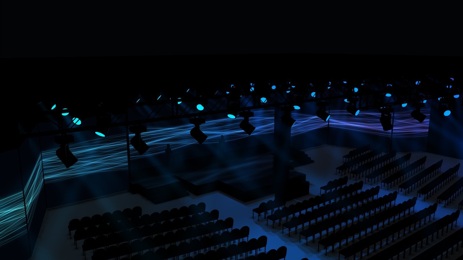 Ballyhoo cue from house right: flowing teal-to-violet light ribbons across the walls, the rig matching them