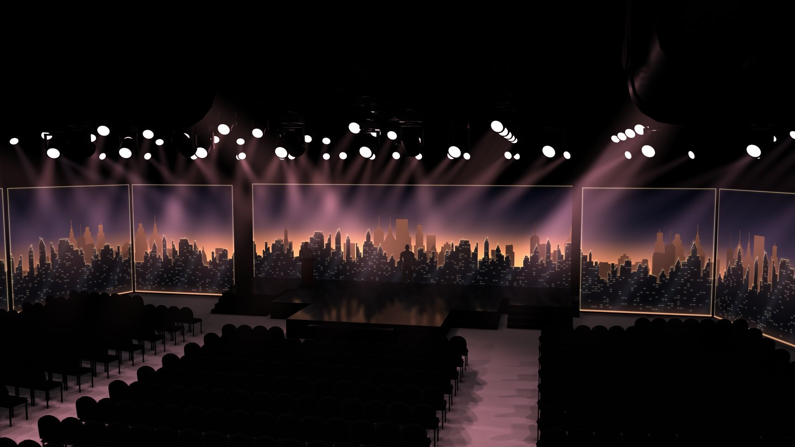 Crossfire cue from the center aisle: a dusk skyline in warm gold framed on each wall, the rig taking the same warm tones