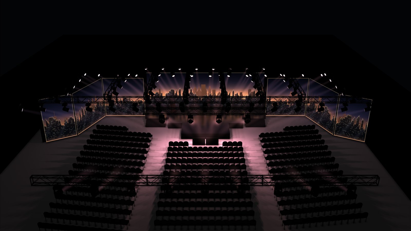 Tent cue from above the back of the house: the dusk skyline on every wall, beams meeting over the stage in warm white