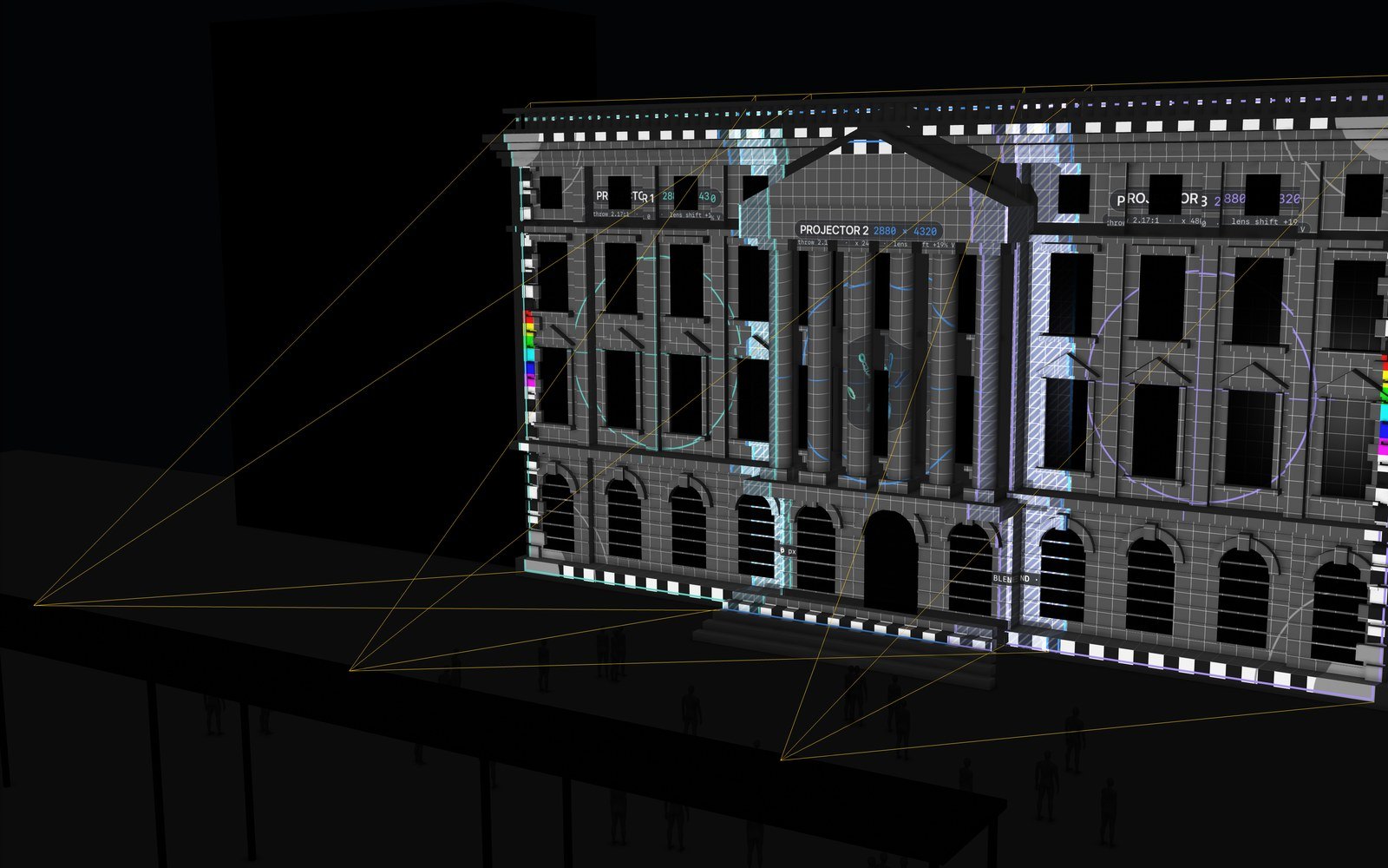 PreViz projection mapping: three projectors on a scaffold tower across the plaza, frustums drawn in gold, a Millumin-style alignment pattern on a classical building facade showing each projector's coverage, center target and the hatched blend zones, with the portico columns casting shadows