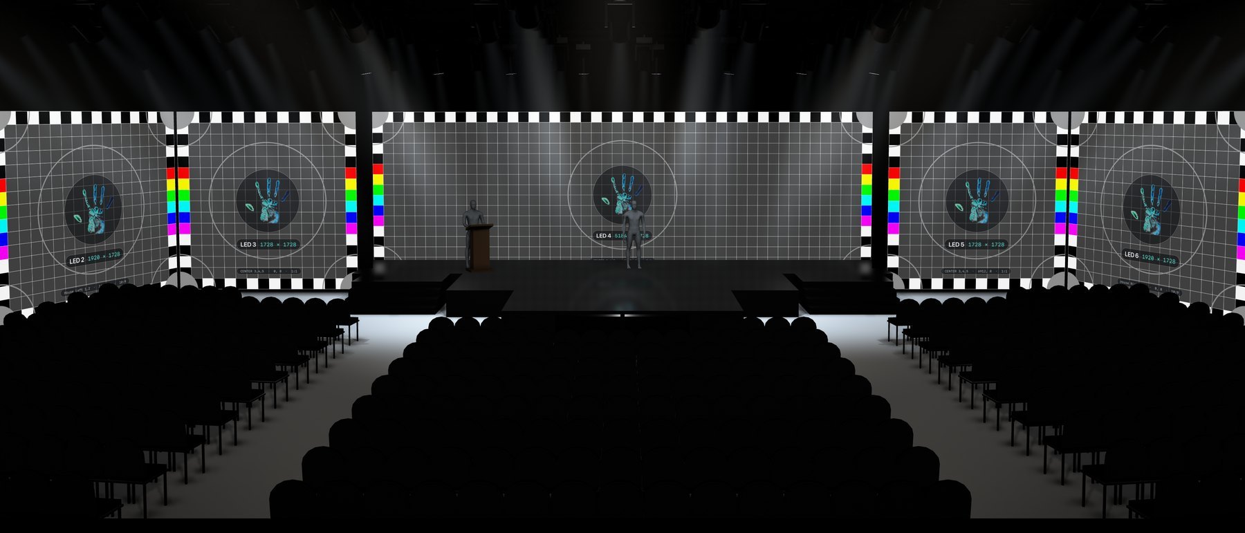 PreViz from the center aisle: LED 2 to LED 6 each showing a test card with its name, resolution, canvas and position