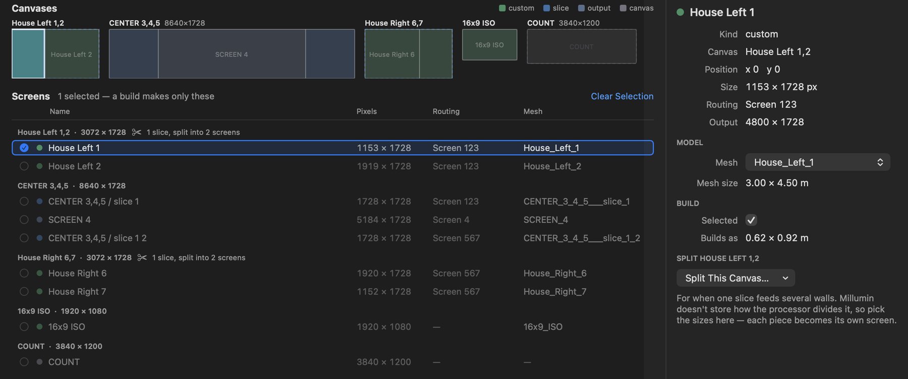 The Millumin PreViz Layout app: canvas map and screens table read from the Millumin project, with one slice split across two walls and the inspector showing its size, routing and matched mesh