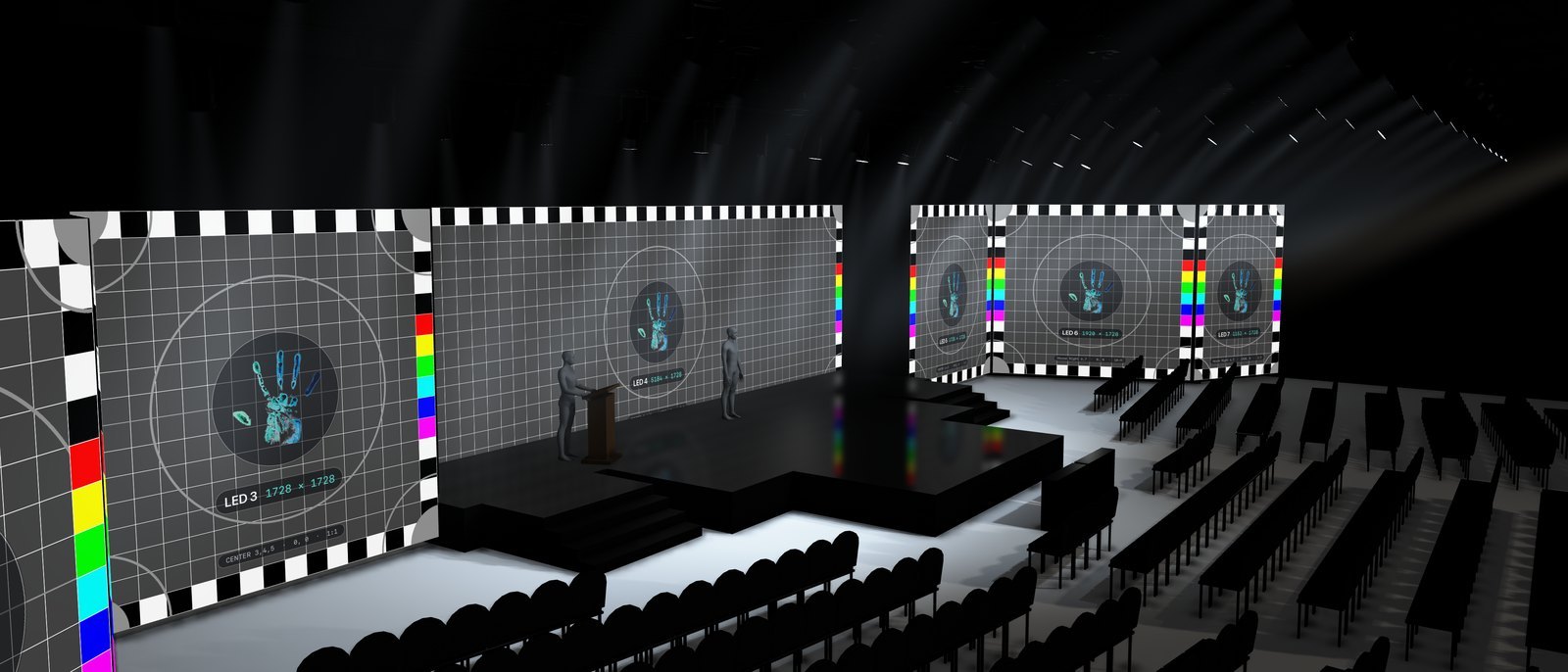 PreViz from house left: per-screen test cards naming each wall and its resolution, from LED 3 across the stage to LED 7