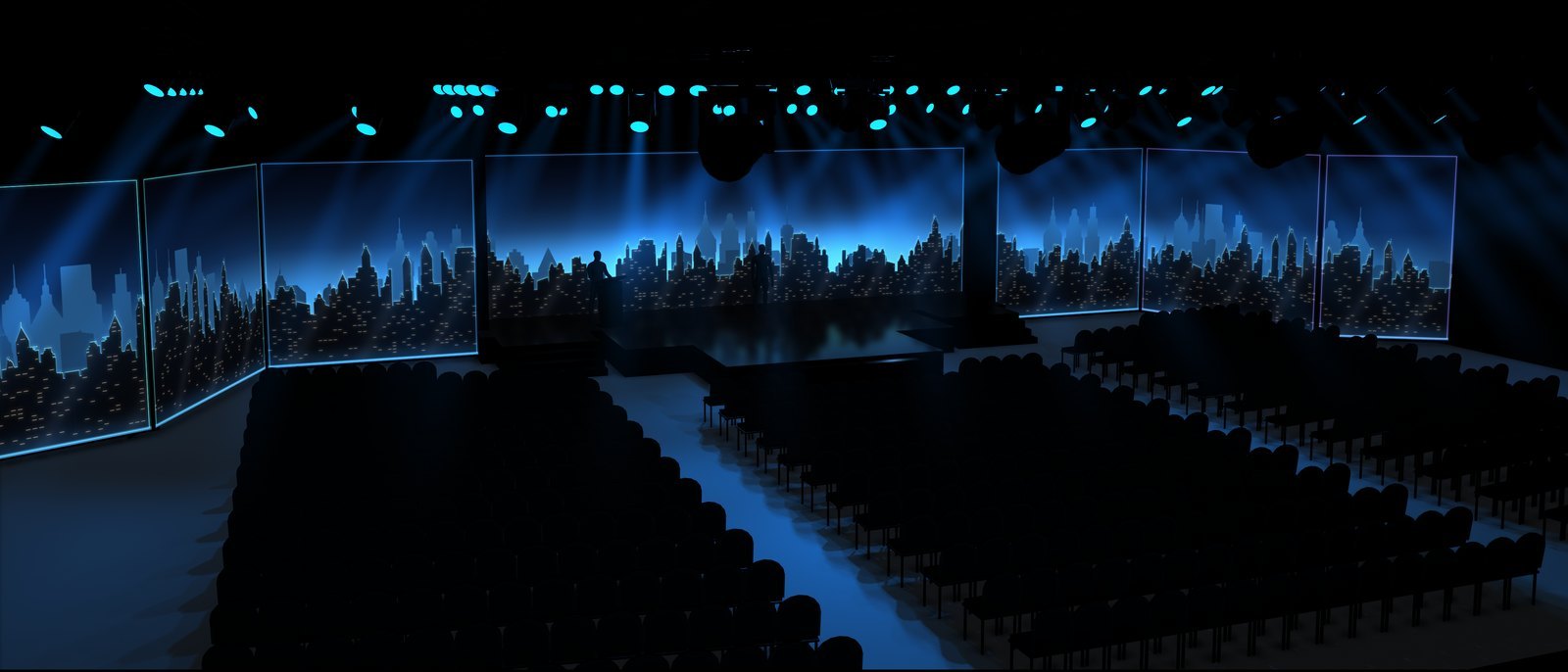 PreViz lighting in the Sunburst cue from house left: a blue-hour skyline framed on each wall, beams in the walls' teal and blue