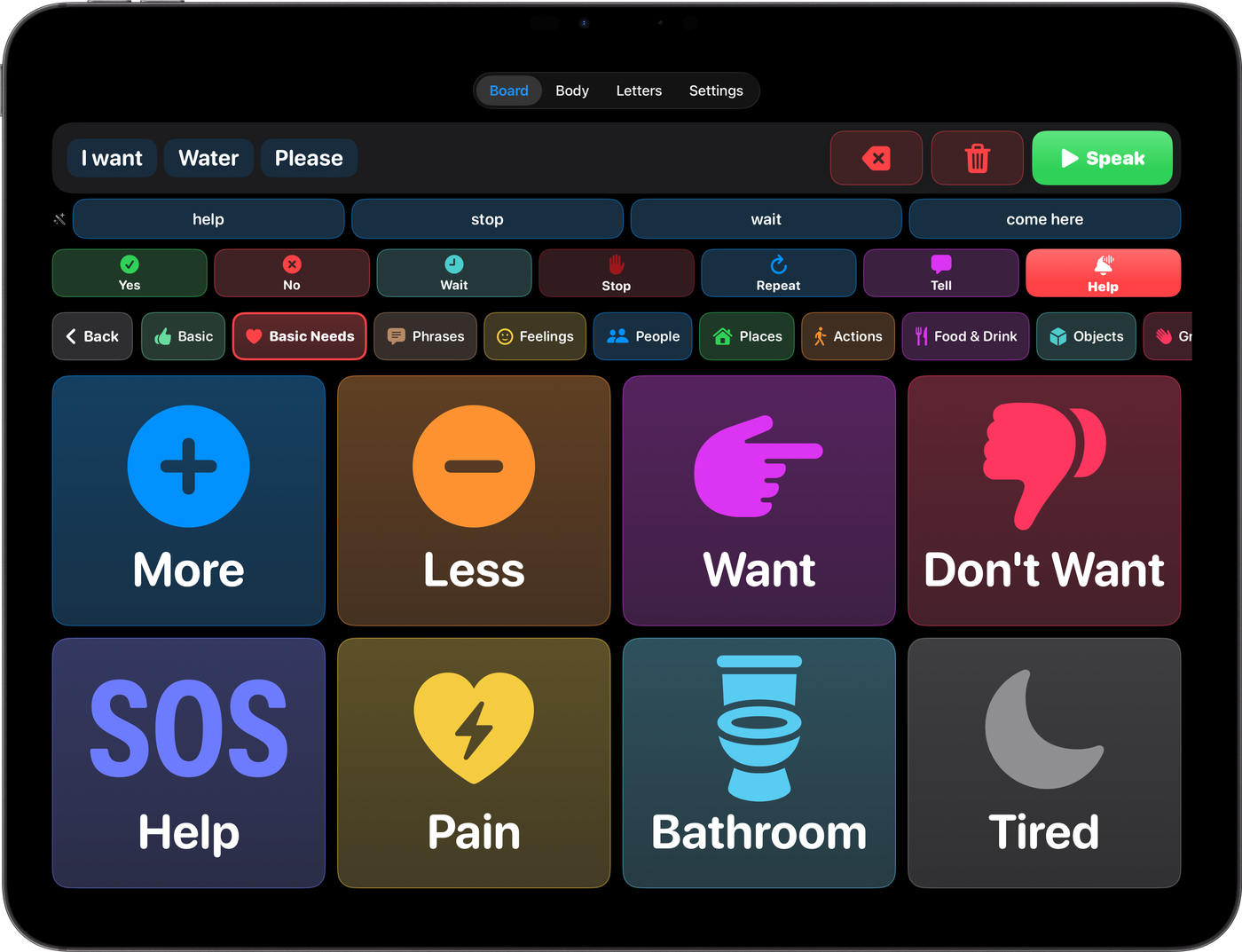 For Isaiah on iPad in landscape, in dark mode: the sentence “I want water please” with a green Speak button, suggested words, quick Yes, No, Wait, Stop, Repeat, Tell and Help buttons, a row of categories, and large colored buttons for More, Less, Want, Don't Want, Help, Pain, Bathroom and Tired
