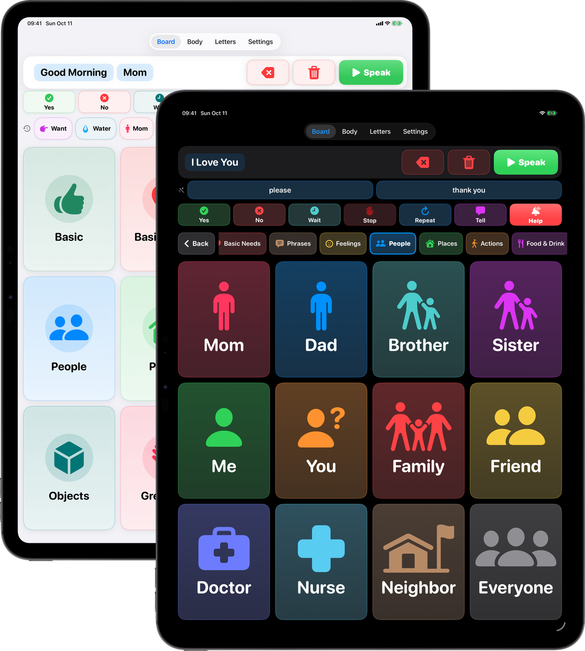 For Isaiah on two iPads: the category home screen in light mode, and the People board in dark mode in front