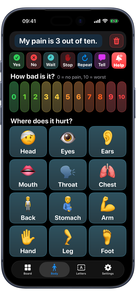 For Isaiah Body screen in dark mode: a colored 0 to 10 pain scale and a body map from head to foot