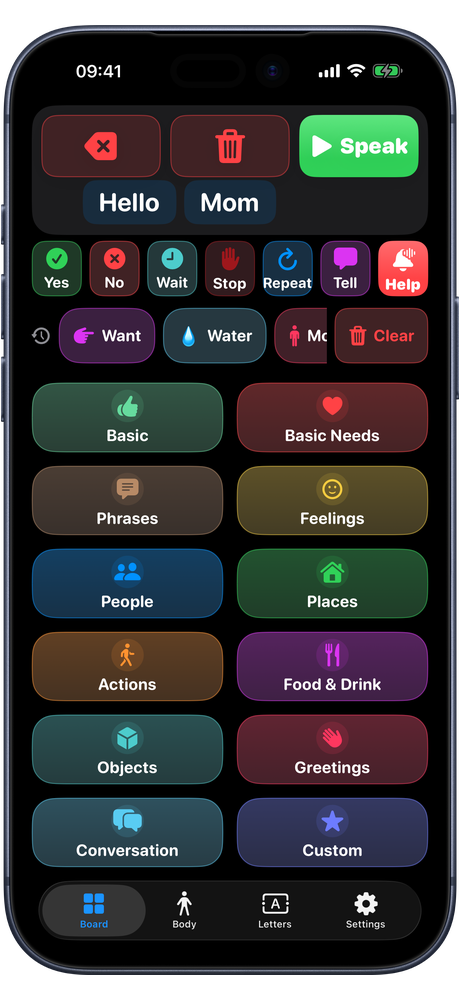 For Isaiah home screen on iPhone in dark mode: the sentence “Hello Mom”, quick buttons, recent words and twelve colored categories