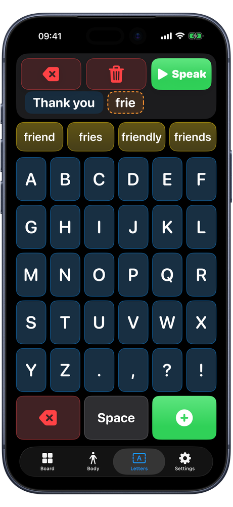 For Isaiah letter board in dark mode, with word prediction, spelling “friend”