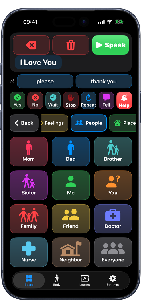For Isaiah People board in dark mode: Mom, Dad, Brother, Sister, Me, You, Family, Friend, Doctor, Nurse, Neighbor and Everyone