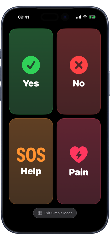 For Isaiah Simple Mode in dark mode: four giant buttons, Yes, No, Help and Pain