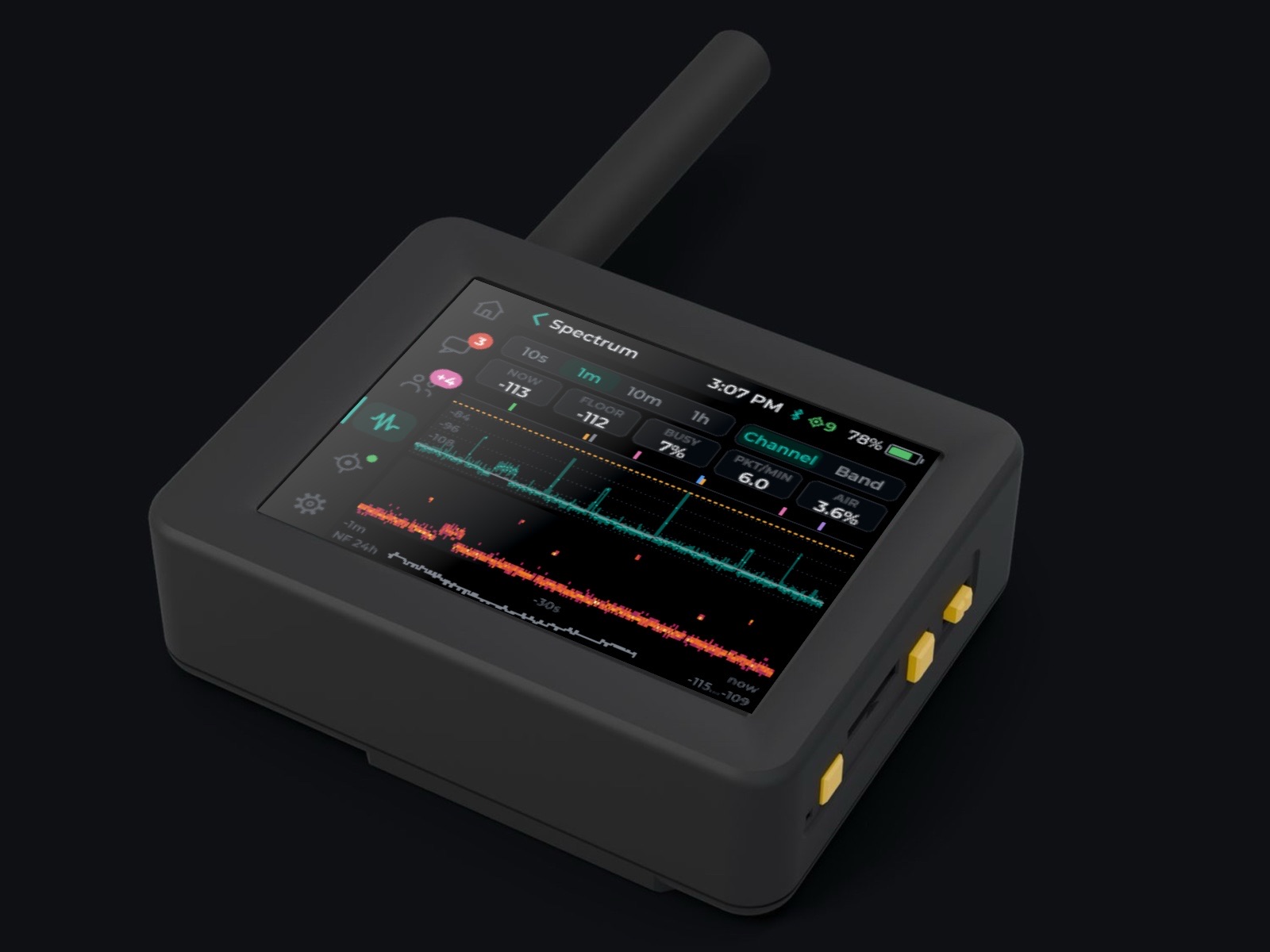 Wio Tracker L2 Pro in its 3D-printed case running CAIRN's Spectrum screen: live channel trace, noise floor and waterfall
