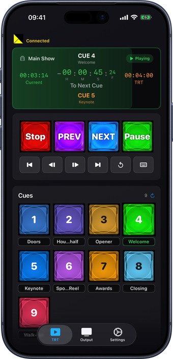 Pixera Assistant on an iPhone counting down to the next cue: green at 45 seconds to Cue 5, above Stop, PREV, NEXT and Pause and a grid of cues tinted with their Pixera colors