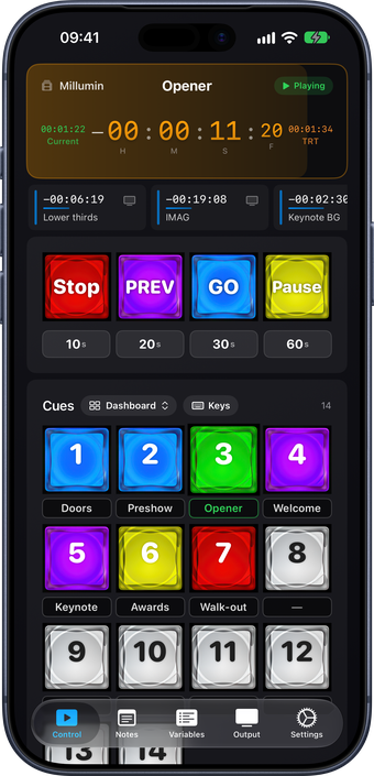 TRT on an iPhone following a Millumin layer called Opener: orange at 11 seconds left, above Stop, PREV, GO and Pause and a grid of colored cue buttons