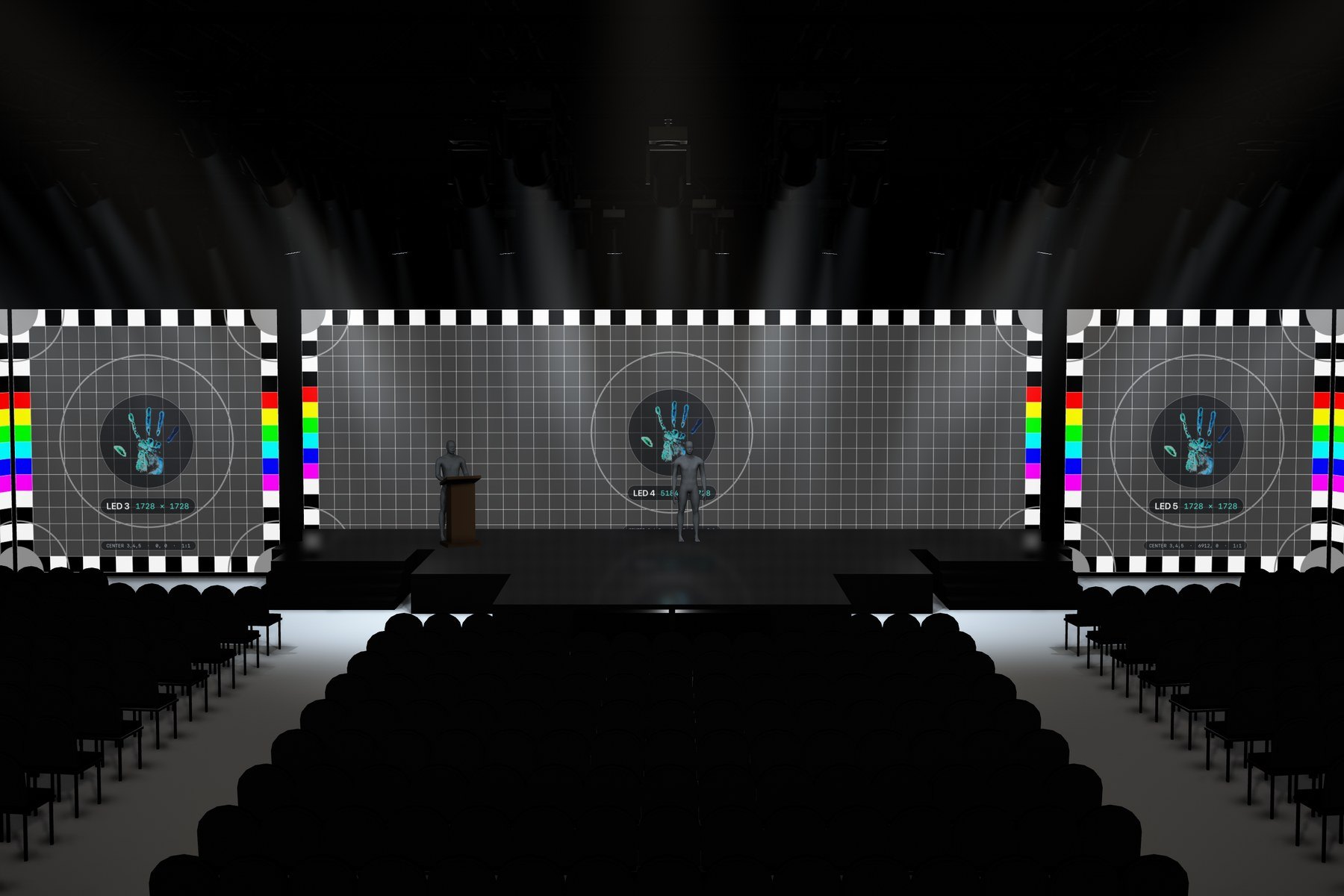 Every LED wall on a keynote stage showing its own Millumin-style test card with screen name, resolution and position, ready for content